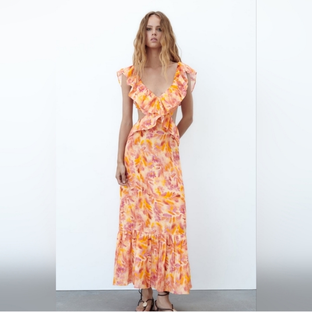 ZARA MAXI DRESS Printed Orange SIZE L & XL - Picture 15 of 16